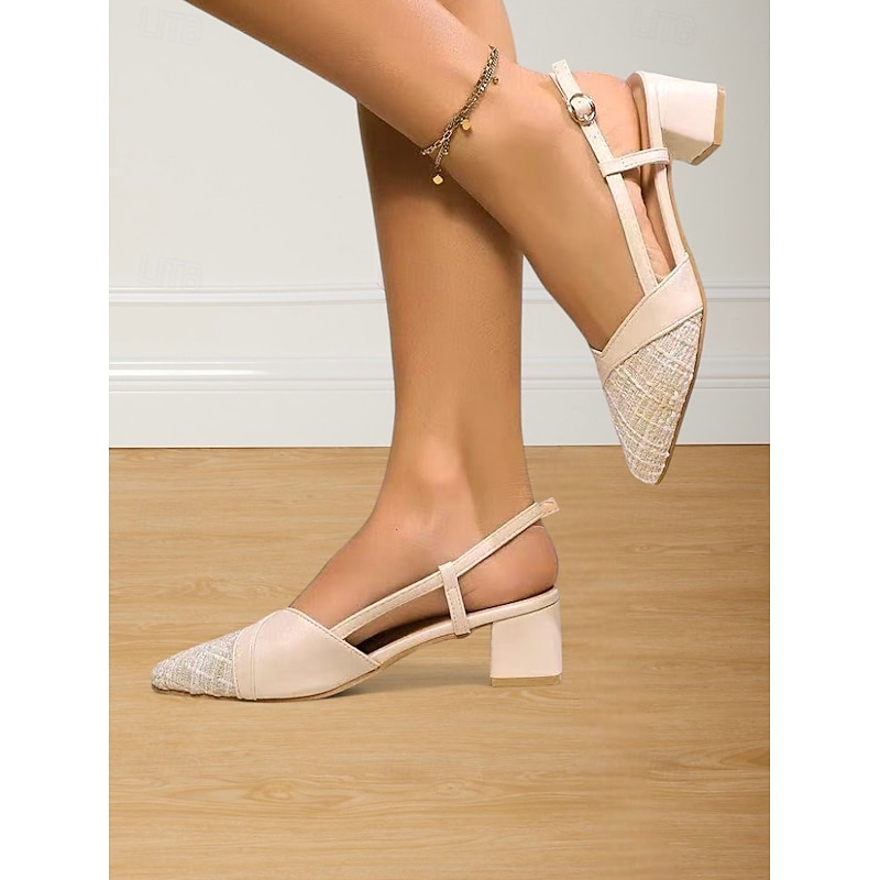 Women's Beige Tweed Slingback Block Heel Pumps – Elegant Casual Date Night Shoes4