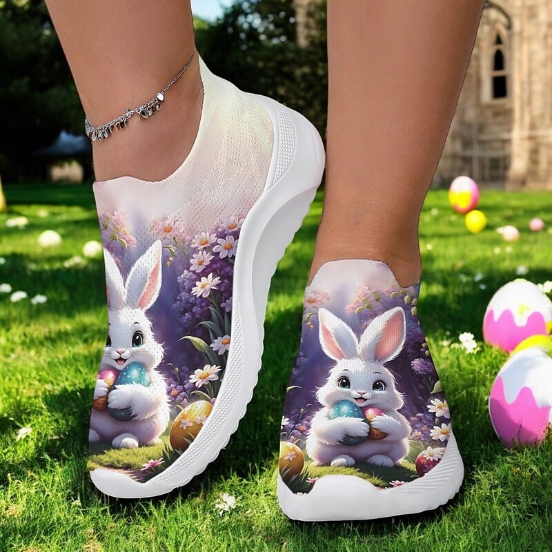 Easter Bunny Printed Slip-On Sneakers – Lightweight Breathable Walking Shoes for Women, Cute Holiday Footwear2
