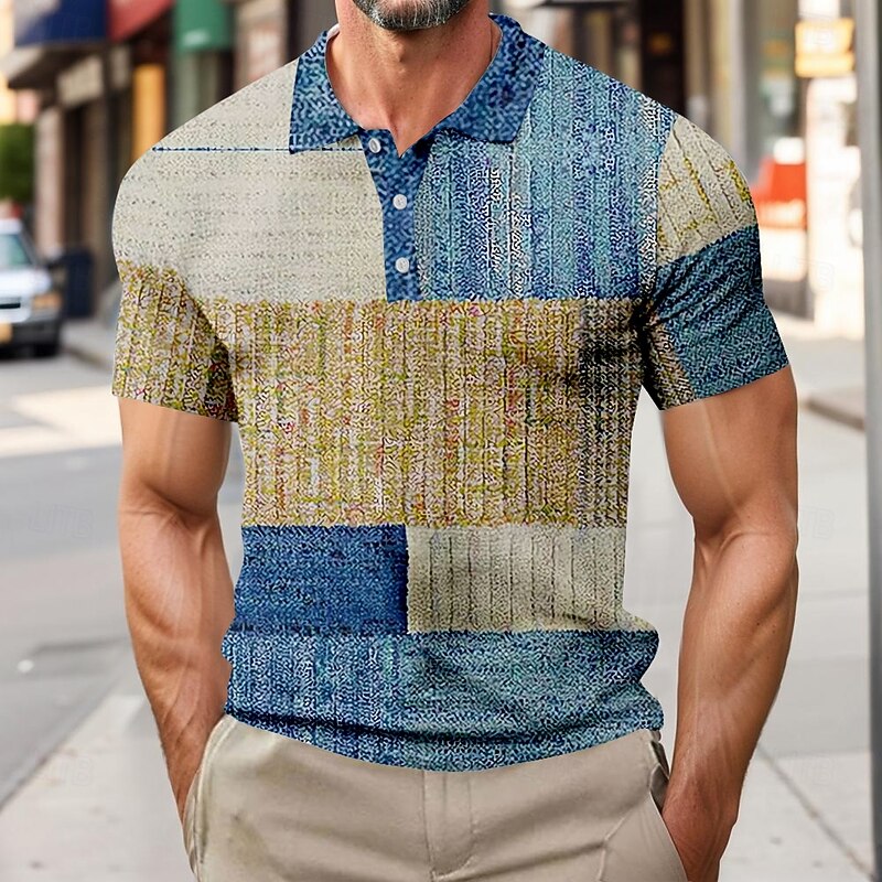 Men's Color Block Waffle Polo Shirts Short Sleeve Polo Shirts Collared Shirts Business Casual Business Athleisure Daily Wear Buttons 3D Print Summer Blue Purple Brown