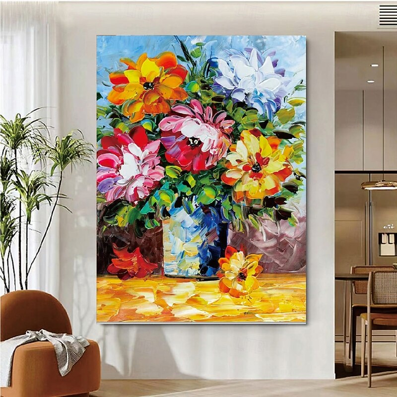 Hand painted Vase of Colorful Flowers oil painting - Hand Painted Palette Knife Flower Oil Painting On Canvas Thick Painting Heavy Texture flower oil paintings for bedroom living room artwork2