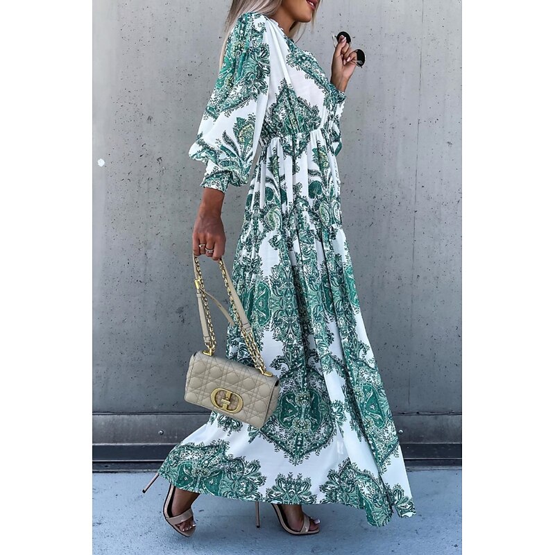 Women's Midi Dress Shirt Dress Floral Dress Boho Dress Print Dress Fashion Holiday Going out Regular Fit Flower Long Sleeve V Neck Orange Green Gray Summer4