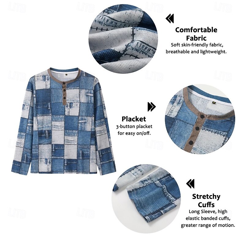 Mens Graphic Shirt Plaid Designer Casual Vintage Retro 3D Print Henley Waffle Tee Sports Outdoor Holiday Festival Light Blue Navy2