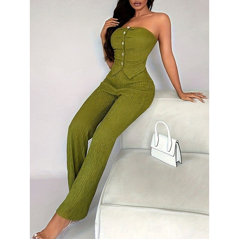 Women's Fashion Sexy Tube Top Pants Sets Sleeveless Solid Color Ruched Backless Club Bar Black Green Summer Regular Fit4