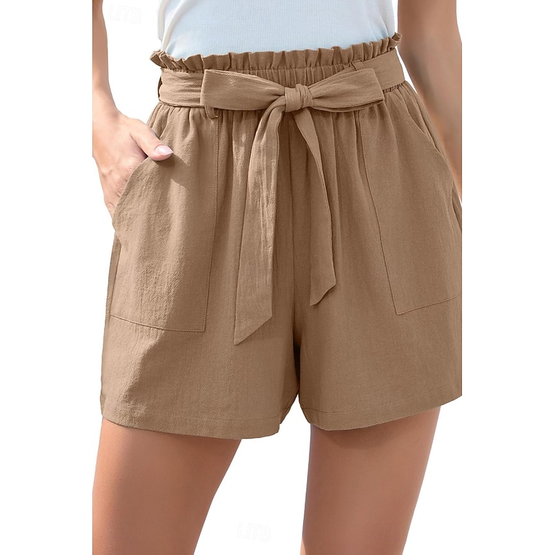 Women's Cotton Linen Shorts Linen-Inspired Pants Cotton Linen Pants Streetwear Casual Short Natural Plain Pocket Elastic Waist Breathability Soft Micro-elastic Casual Streetwear Navy Lake Blue Black