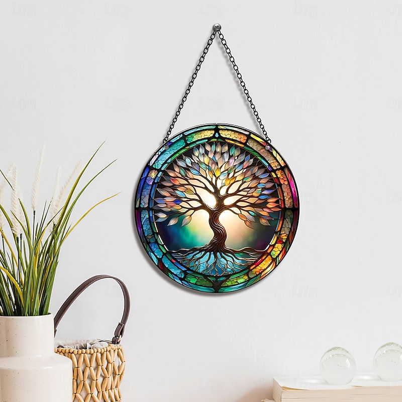 Acrylic Tree of Life Wall Hanging Decor, 5.9 x 5.9 Inch Round 2D Colorful Print Ornament, Creative and Unique Wall Art for Home, Window, Door, Party, and Festive Decoration3