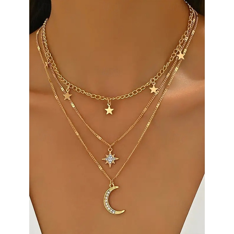 Gold Layered Moon and Star Pendant Necklace – Elegant Bohemian Multi-Layer Chain Jewelry for Women, Dainty Celestial Charm Necklace, Perfect for Parties, Weddings and Gifts