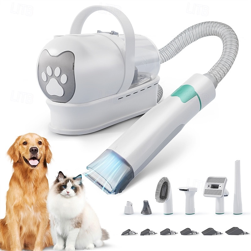 Strong Power 7 in 1 Pet Grooming Vacuum Kit - Professional Clippers with 6 Guide Combs Mulifunctional Tools for 99% Pet Hair Removal - Dogs Cats and Other Animals