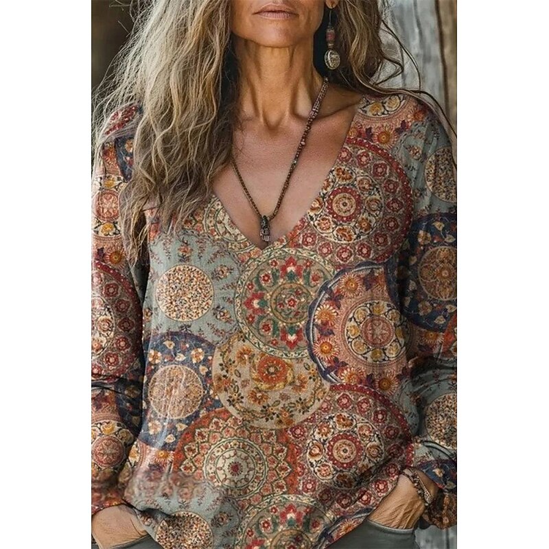 Women's Linen-Inspired Shirts T Shirt Floral Fashion Casual Long Sleeve V Neck Regular Tops Daily Going out Print Red Orange Brown Green Summer3