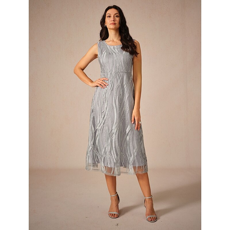 Women's Tea Length Lace Dress Elegant Wedding Guest Date Regular Fit Solid Color Sleeveless Crew Neck Gray Summer Spring Fall