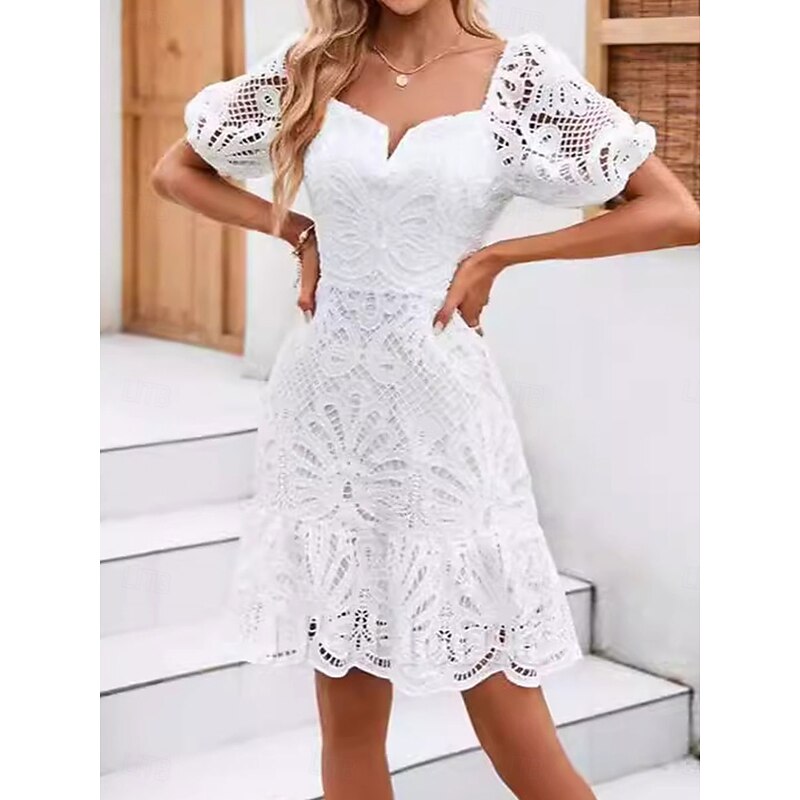 Women's Mini Dress A Line Dress Summer Dress Eyelet Dress Vacation Casual Daily Regular Fit Graphic Short Sleeve V Neck White Summer4