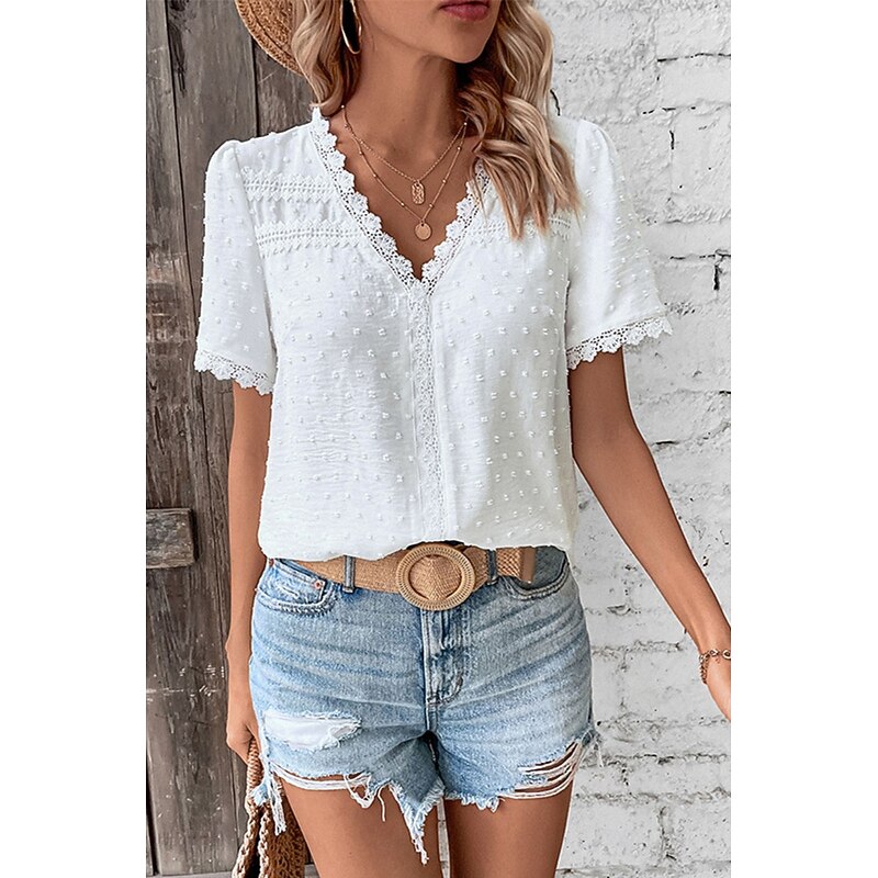 Women's T Shirt Solid Color Fashion Short Sleeve V Neck Regular Tops Daily Lace Black White Blue Summer3