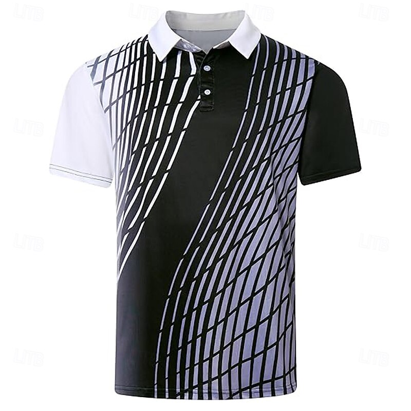 Men's Geometic Line Polo Short Sleeve Polo Shirts Collared Shirts Business Casual School Outdoor Sports Daily Wear Buttons 3D Print Summer Spring Fall Black