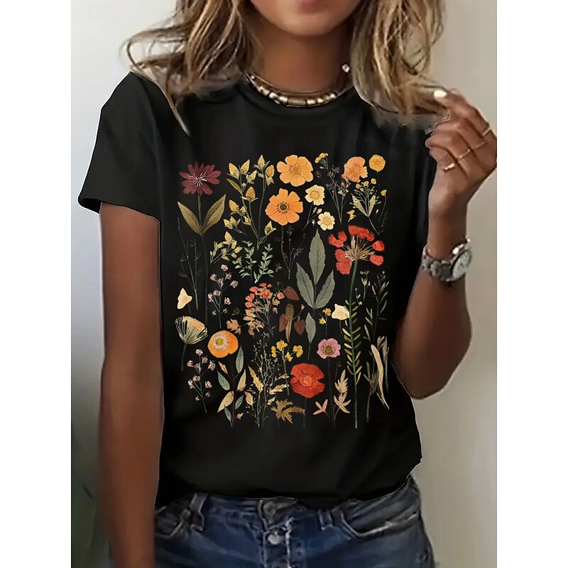Women's T Shirt Floral Basic Short Sleeve Round Neck Regular Tops Daily Weekend Print Black White Gray Summer4