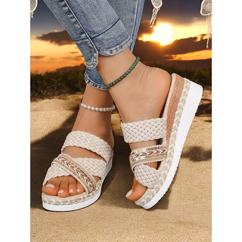 Women's Braided Wedge Sandals – Boho Style Slip-On Platform Sandals with Beaded Detailing for Summer, Beach, and Casual Outfits3