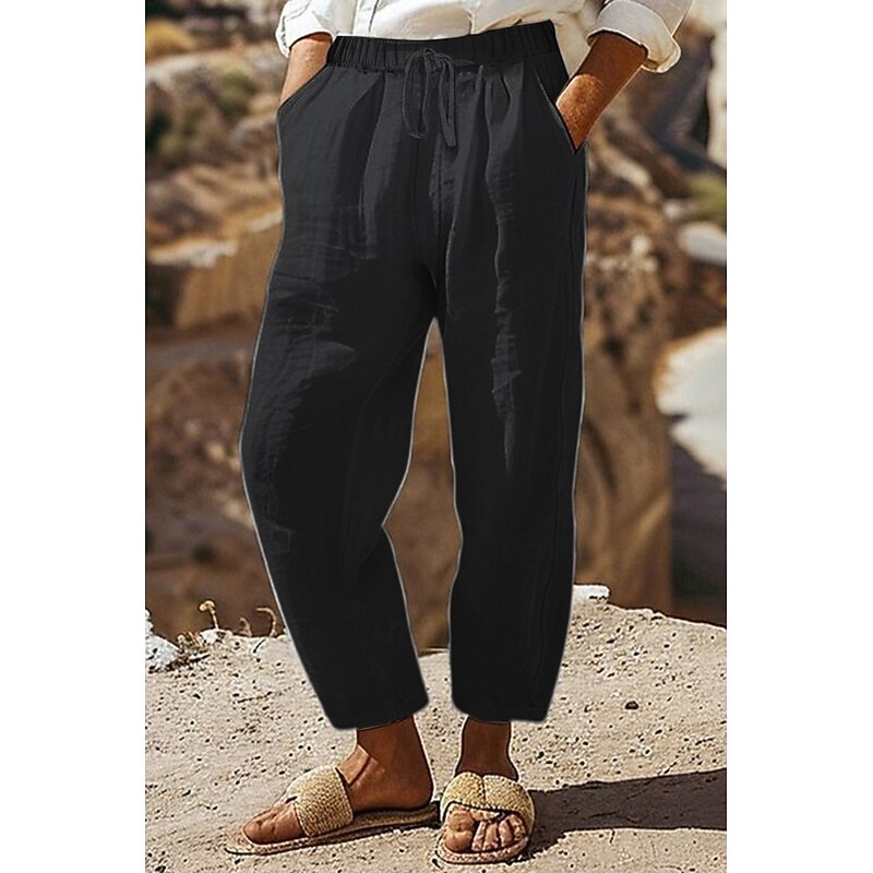 Women's Cotton Linen Shorts Linen-Inspired Pants Cotton Linen Pants Streetwear Casual Full Length Natural Plain Pocket Elastic Drawstring Design Comfy Outdoor Daily Wear Going out Black White Blue2