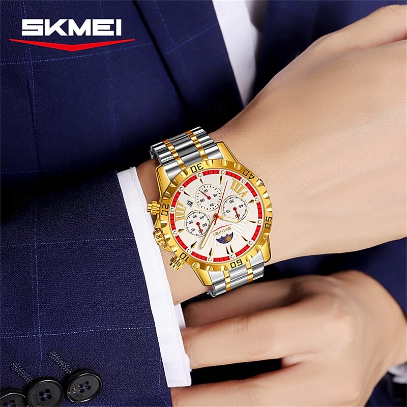 SKMEI Men's Sun Moon Star Steel Belt Watch Multi Functional Three Eye Six Needle Timing Night Light Pointer Watch3