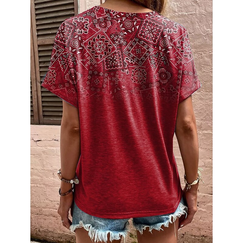 Women's T Shirt Ombre Graphic Geometric Casual Short Sleeve V Neck Regular Tops Daily Print Red Purple Green Summer4