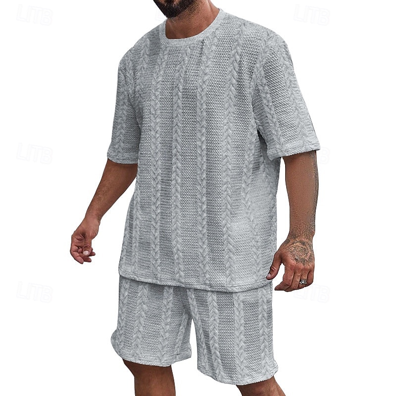 Men's T-shirt Suits 2 Pieces Outfits Tee & Shorts Short Sleeve Crewneck Summer Plain Fashion Casual 2 Piece Jacquard Vacation Daily Wear Going out Black White Khaki Top Tee for Men