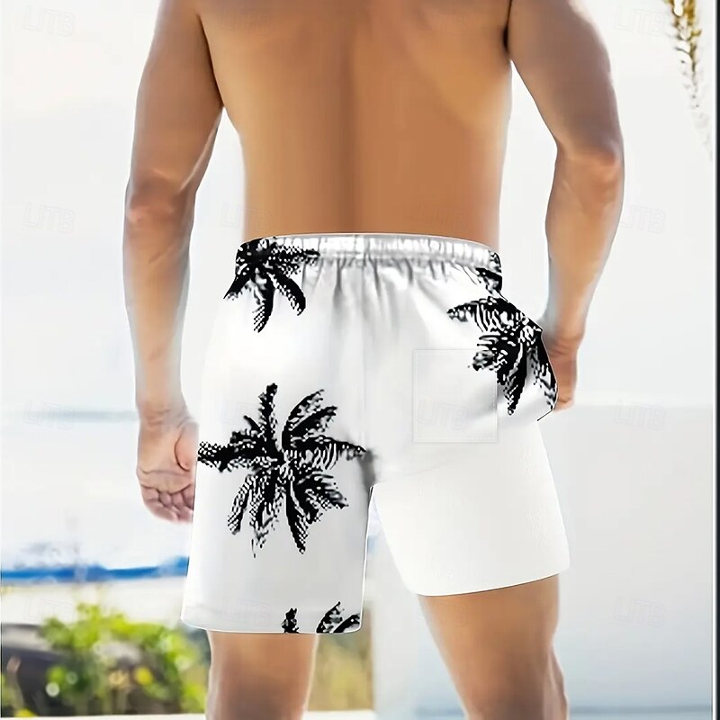 Men's Coconut Tree Tropical Plants Lined Shorts 2 in 1 Board Shorts Swimming Trunks Mid Waist Hawaiian Beach Wear Side Pockets With Compression Liner Elastic Drawstring Waist Designer Clothing Apparel2
