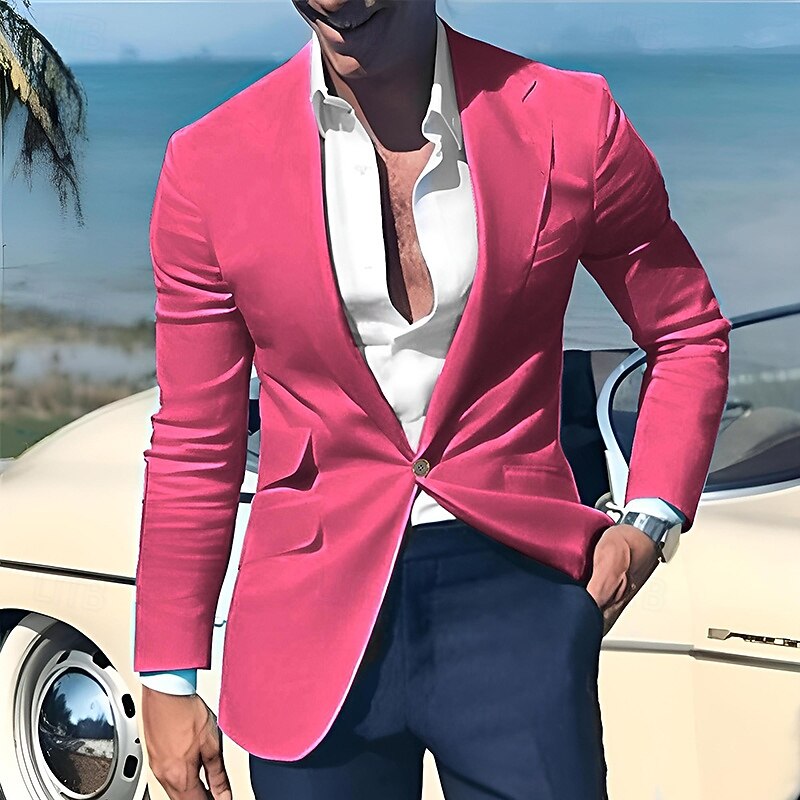 Men's Graduation Blazer Business Cocktail Party Wedding Party Fashion Casual Spring &  Fall Polyester Linen Plain Pocket Buttons Comfortable Single Breasted One-button Blazer Light Pink Yellow Pink3