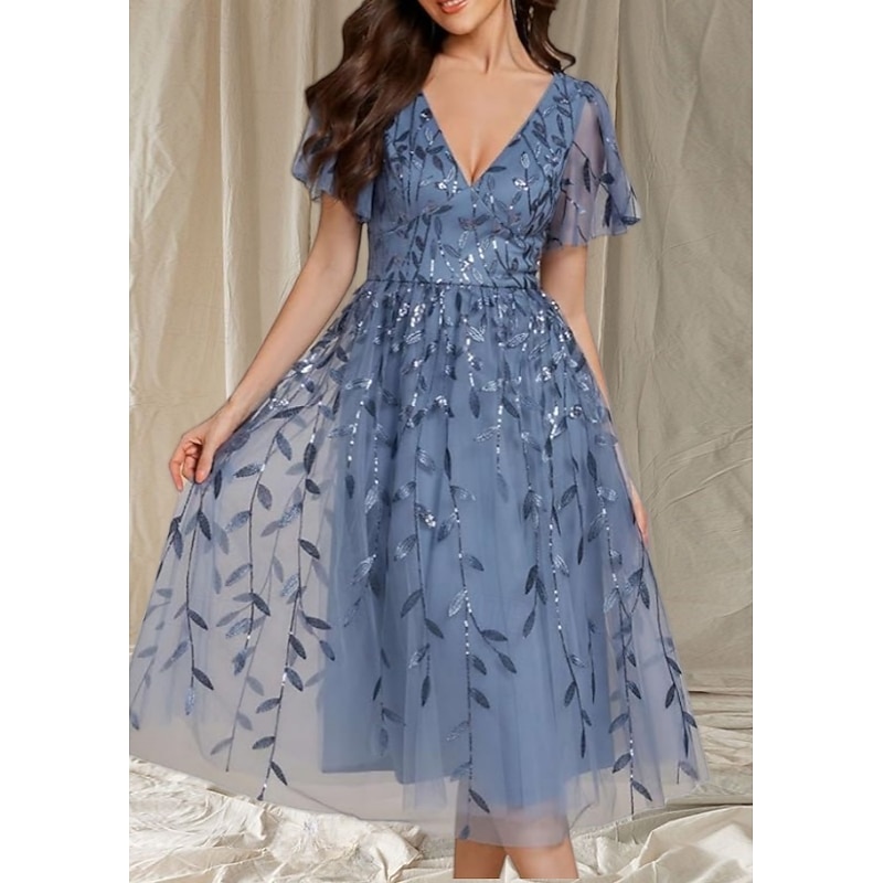 A-Line Mother of the Bride Dress Wedding Guest Elegant V Neck Tea Length Lace Short Sleeve with Lace Midi Dress