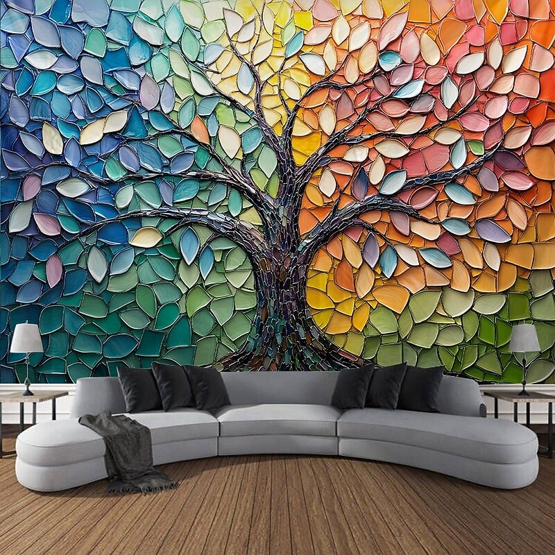 Tree of Life Hanging Tapestry Wall Art Large Tapestry Mural Decor Photograph Backdrop Blanket Curtain Home Bedroom Living Room Decoration Stained Glass Style