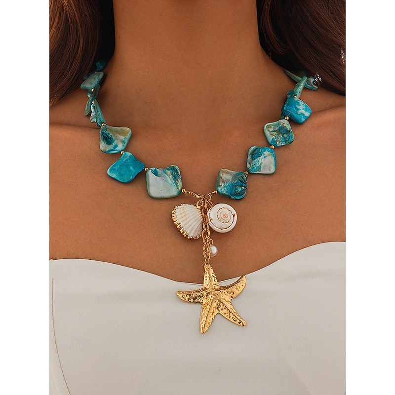 Boho Beach Starfish Necklace – Handmade Blue Stone & Shell Pendant Jewelry for Women, Ocean-Inspired Statement Necklace for Summer, Vacations & Resort Wear