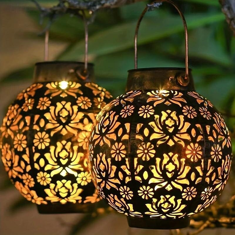 1 Pc Led Outdoor Waterproof Solar Lights Iron Hollow Projection Lantern Courtyard Garden Lawn Landscape Light Decoration Hanging Lights4