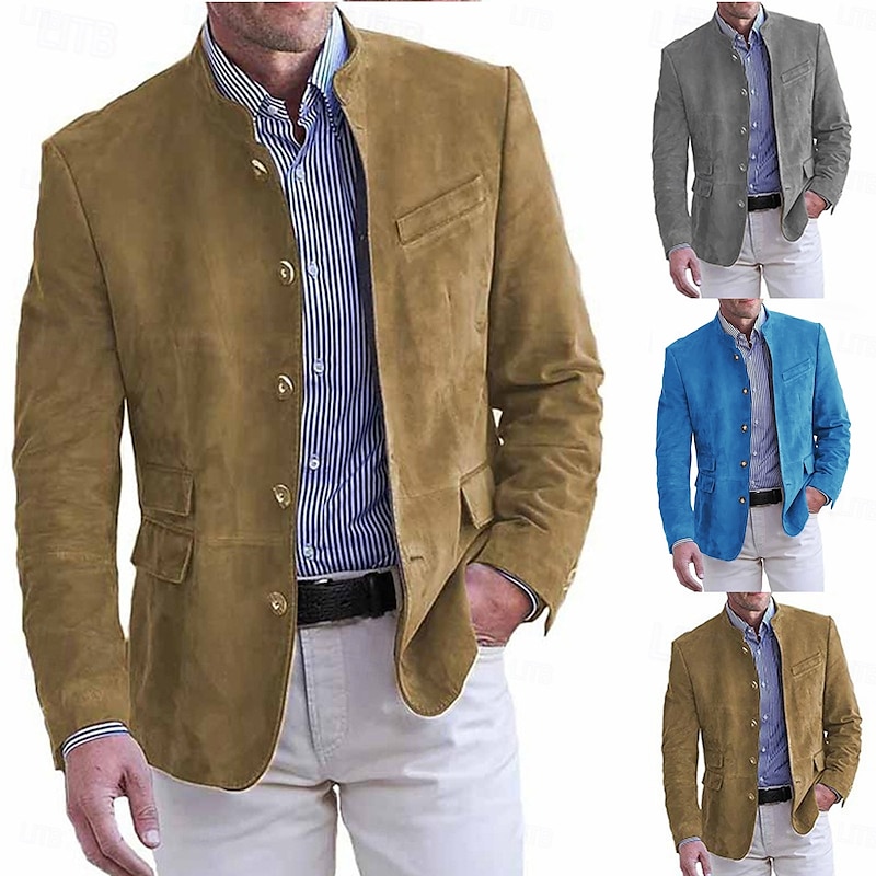 Men's Lightweight Jacket Casual Jacket Faux Suede Jacket Vacation Daily Breathable Soft Pocket Spring &  Fall Plain Fashion Classic Stand Collar Regular Light Khaki Black Navy Blue Khaki Army Green