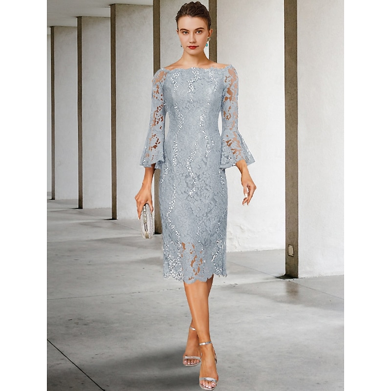 Sheath Mother of the Bride Dress Wedding Guest Elegant Vintage Jewel Neck Tea Length Lace 3/4 Length Sleeve with Sequin