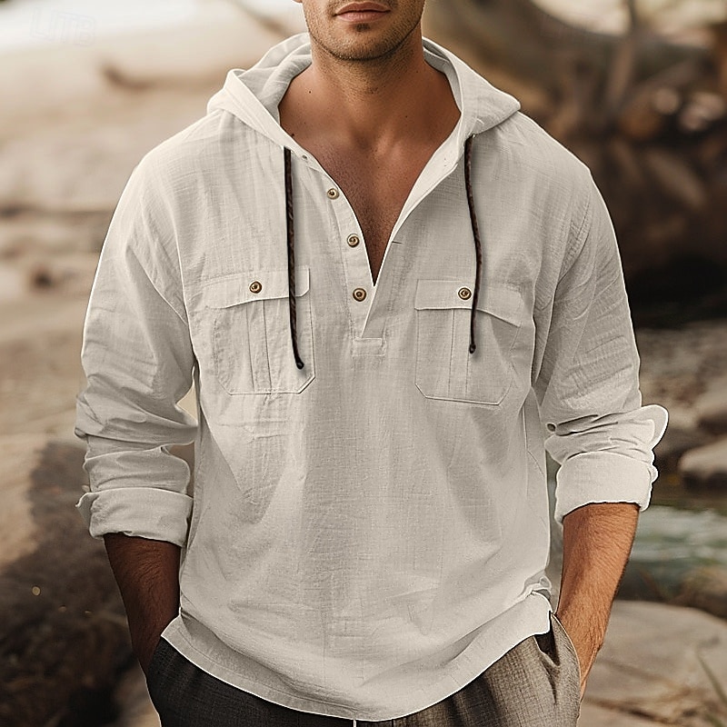 Men's Shirt Linen Shirt Summer Shirt Beach Shirt Hooded Shirt Plain Casual Daily Black White Brown Khaki Long Sleeve Hooded Spring & Summer Clothing Apparel4