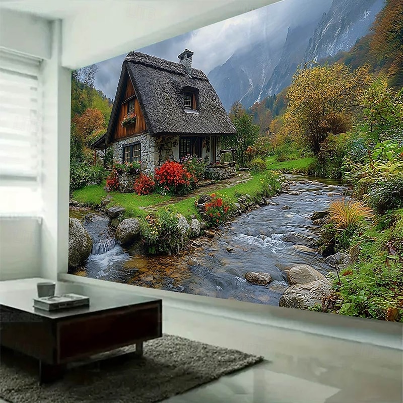 Plants Flowers Houses Paths Landscape Tapestry Wall Art Large Tapestry Mural Decor Photograph Backdrop Blanket Curtain Home Bedroom Living Room Decoration