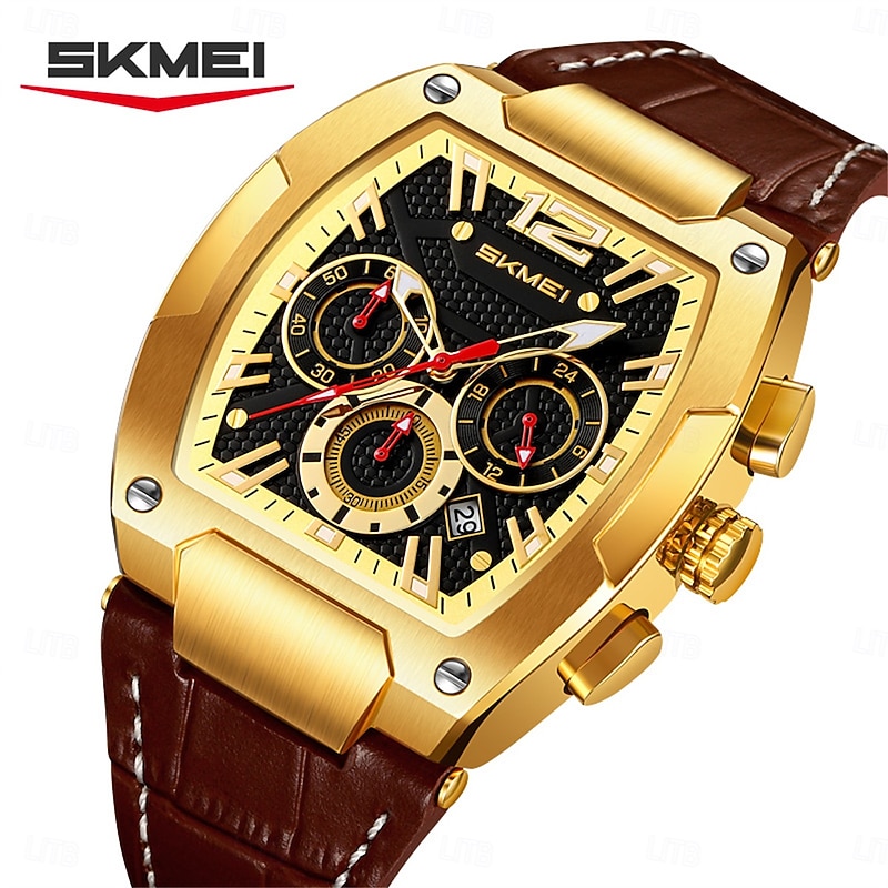 SKMEI Men Quartz Watch Luxury Large Dial Outdoor Business Luminous Stopwatch Calendar Waterproof Leather Watch