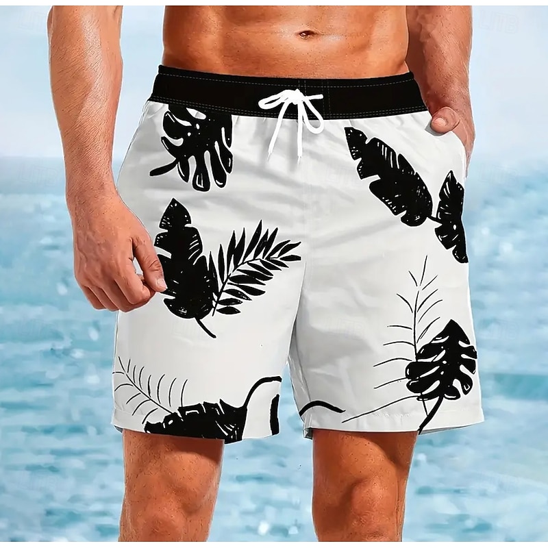 Men's Palm Leaf Tropical Plants Board Shorts Swimming Trunks Summer Shorts Mid Waist Streetwear Hawaiian Beach Vacation Wear Side Pockets Mesh Lining Elastic Drawstring Waist Designer Clothing Apparel