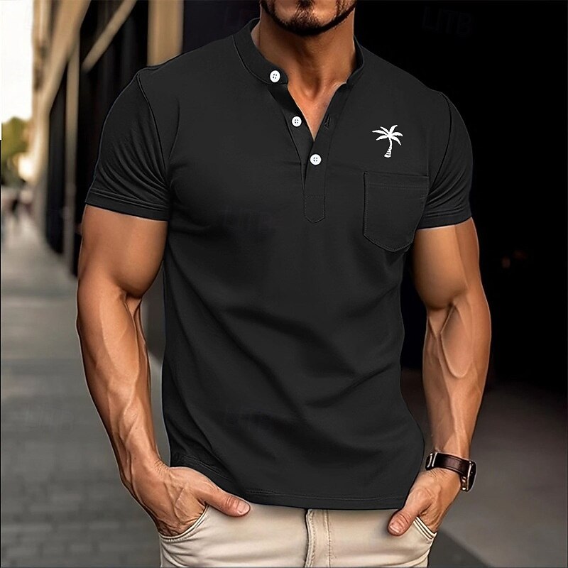 Men's T Shirt Henley Shirt Tee Short Sleeve Shirt Short Sleeve Henley Summer Solid / Plain Color Fashion Designer Embroidered Fashion Vacation Street Going out Black White Dark Navy Top Tee for Men2