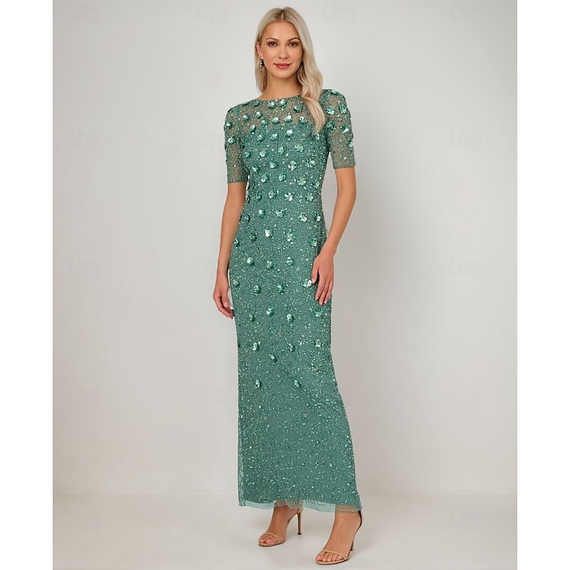 Beaded Floral Mother of the Bride Dress Elegant Vintage Illusion Neck Ankle Length Sequined Half Sleeve with Sequin