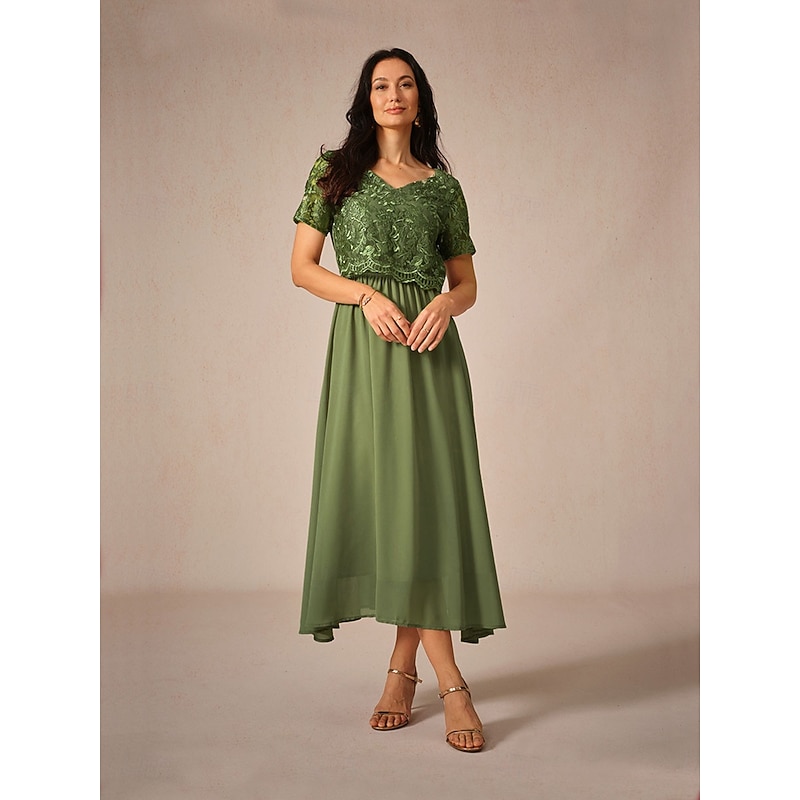 Women's Maxi Dress Lace Dress Wedding Guest Dress Semi Formal Dress A Line Dress Elegant Wedding Guest Cocktail Party Regular Fit Solid Color Short Sleeve V Neck Olive Summer Spring2
