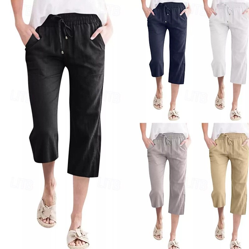 Women's Capri Pants Slacks Streetwear Casual Calf-Length Natural Plain Pocket Elastic Drawstring Design Outdoor Comfortable Street Going out Grey Navy Black White Summer Regular Fit