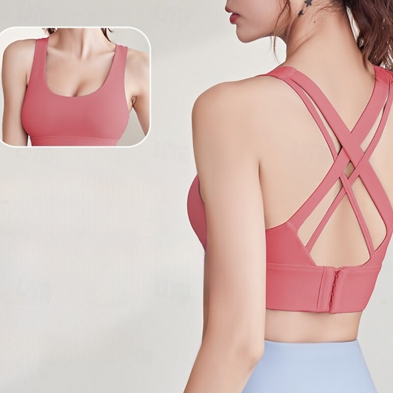 Women's Light Support Sports Bra Running Bra Open Back Cross Back Bra Top Padded Fitness Leisure Sports Running Breathable Lightweight Soft Black Yellow Pink Solid Colored3