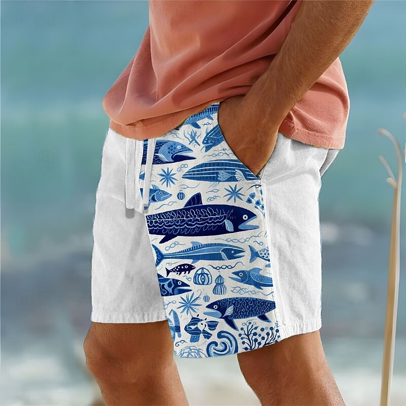 Men's Fish Sea Creatures Cotton Linen Shorts Shorts Mid Waist Hawaiian Vacation Dailywear Holiday Drawstring Pocket Elastic Waist Designer Clothing Apparel