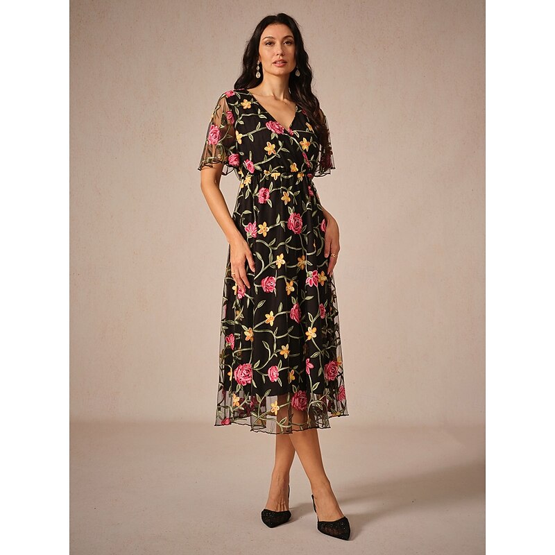 Women's Midi Dress Black Dress Elegant Stylish Party Wedding Guest Date Loose Fit Floral Short Sleeve V Neck Black Summer Spring