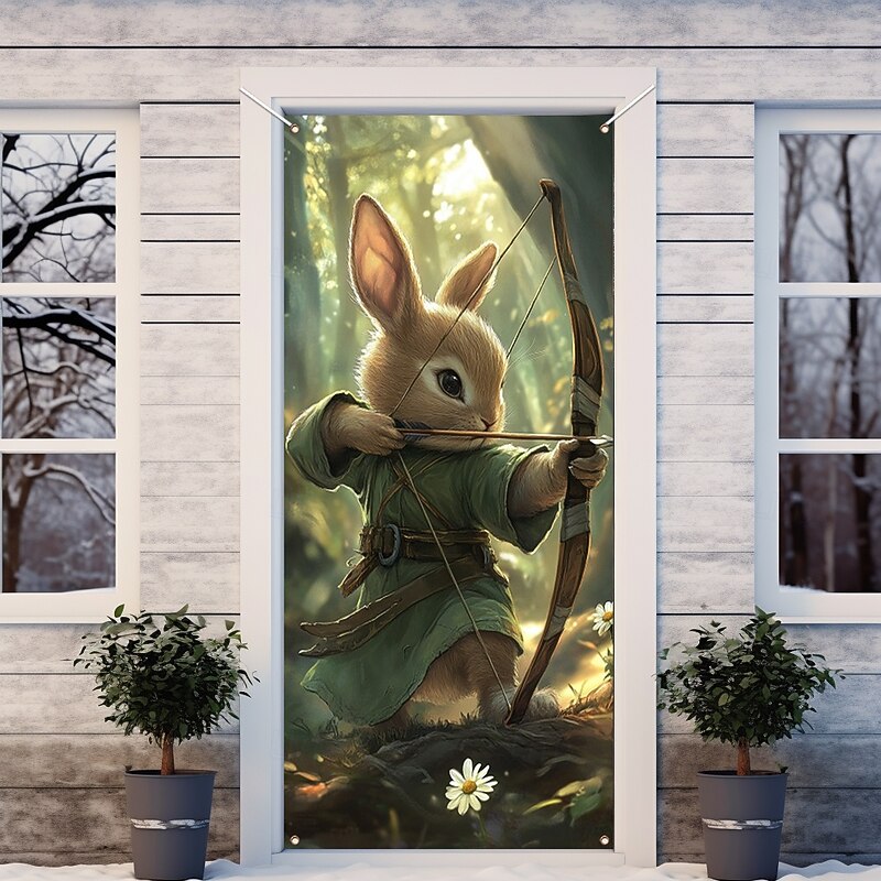 Hunter Rabbit Animal Door Decorations Door Covers Door Tapestry Door Curtain Decoration Backdrop Indoor/Outdoor Door Banner for Front Door Farmhouse4