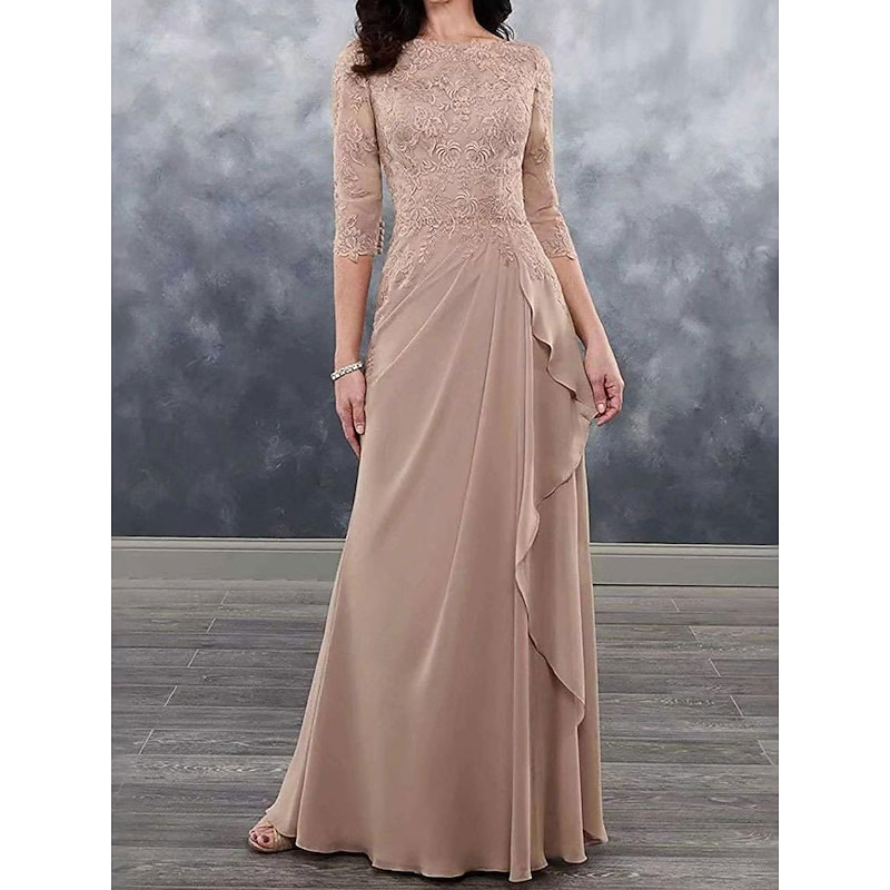 Dress Mother of the Bride Dress Wedding Guest Elegant Simple Crew Neck Floor Length Polyester 3/4 Length Sleeve with Lace Solid Color4