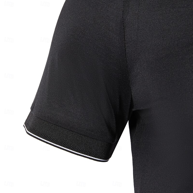Men's Cotton Silk Stripe-Trim Polo Work Street Classic Short Sleeve Vacation Fashion Summer Spring Black White Light Grey Polo4