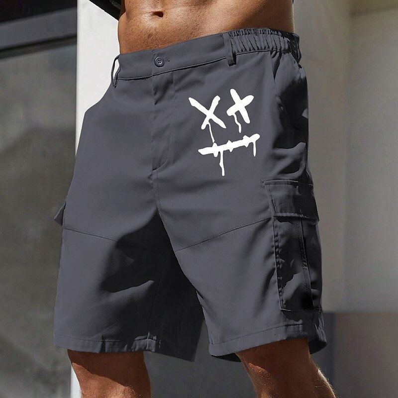 Men's Cargo Shorts Work Shorts Elastic Waist Multi Pocket Funny Smile Face Knee Length Sports Outdoor Casual Camping & Hiking Classic Shorts Black Army Green Micro-elastic3