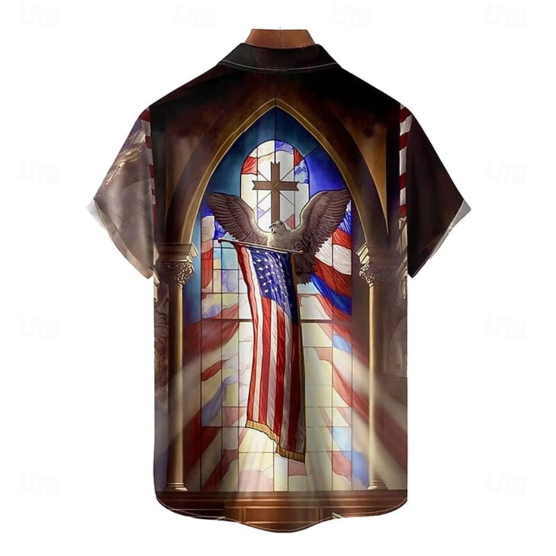 Easter Men's Templar Cross American US Flag Cathedral Glass Shirt Casual Shirt Button Up Shirt Short Sleeve Vintage Retro Vacation Holiday Festival Summer Spring Turndown 3D Print Collared Shirts2