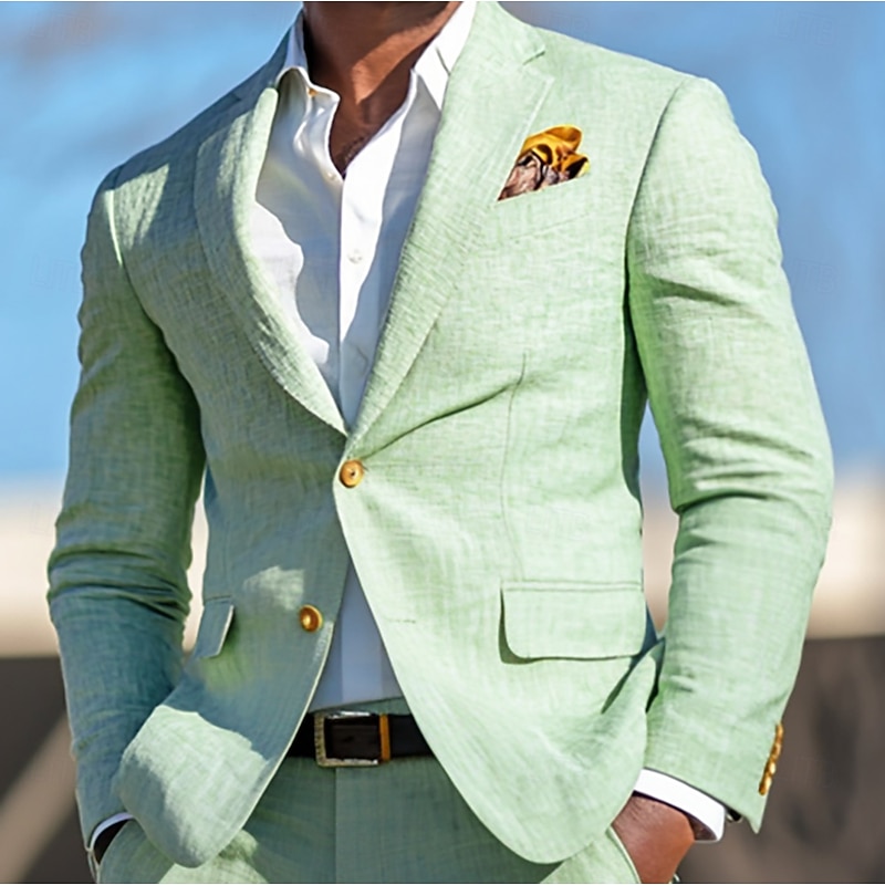Men's Wedding Party Linen Suits Notch Lapel Sky Blue Sage Fashion Casual Solid Colored Standard Fit 2 Piece Single Breasted Two-buttons3