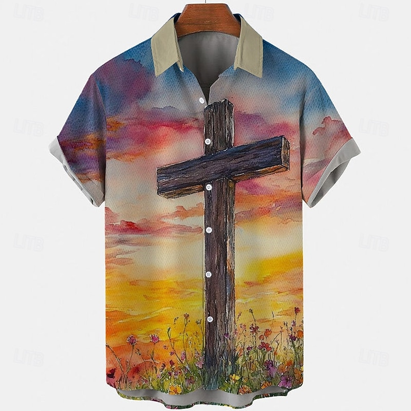 Easter Men's Templar Cross Floral Print Jesus Shirt Casual Shirt Button Up Shirt Short Sleeve Vintage Retro Vacation Holiday Festival Summer Spring Turndown 3D Print Collared Shirts Blue Light Blue2