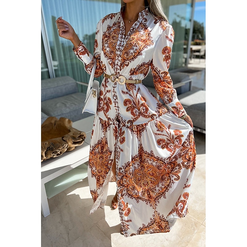 Women's Midi Dress Shirt Dress Floral Dress Boho Dress Print Dress Fashion Holiday Going out Regular Fit Flower Long Sleeve V Neck Orange Green Gray Summer