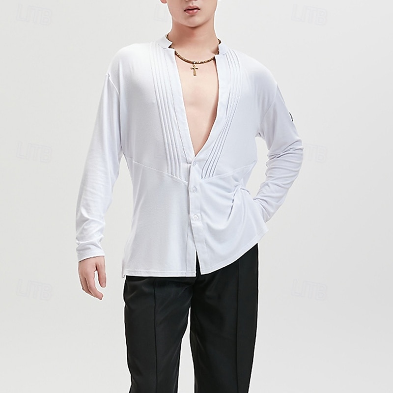 Latin Dance Top Pure Color Men's Performance Daily Wear Long Sleeve Tencel